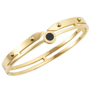 Bracelet de couleur or en acier inoxydable avec numéro romain gravé avec disque noir rond pour femmes, bijoux de dubaï