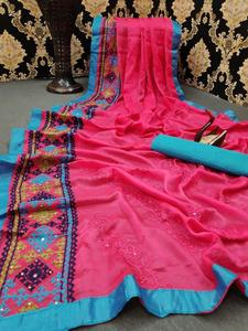 Nouveau dernier Festival porter en mousseline de soie broderie travail Saree avec chemisier pièce femmes indiennes portent Sari bas prix en gros Surat Apparelgarment - Product Image 4