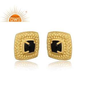 Indian Handcrafted Hammer Finish Black <b>Onyx</b> Silver Stud <b>Earring</b> Gold Plated <b>Earring</b> Wholesale Silver Stud <b>Earring</b> - Product Image 1