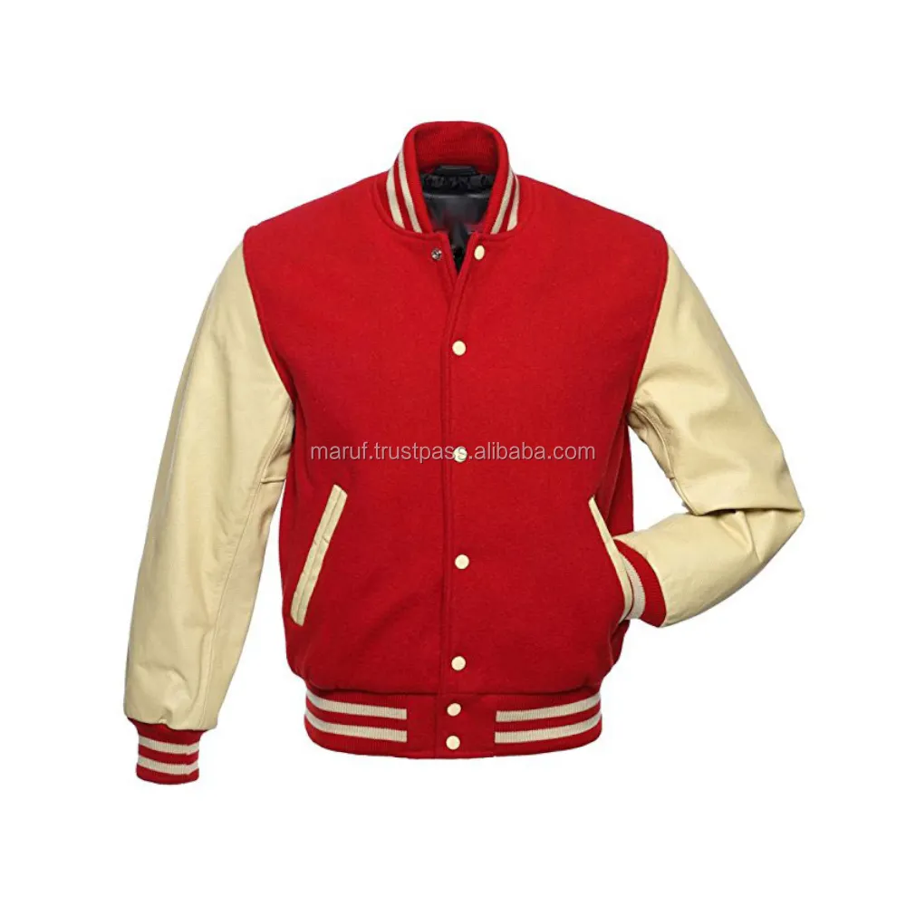 Baseball Winter Wool Red Color Cream Leather Sleeves Men Coat Varsity Custom Winter Jacket