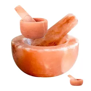 Sian Enterprises geschnitztes weißes Salz mörser-und Stößel set mit organischem Material im Himalaya-rosa Stößel-Engel-Thema im Feng-Shui-Stil
