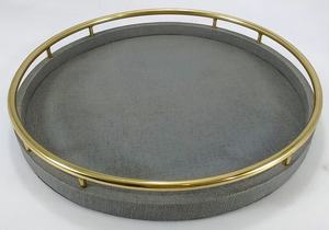 Decorative Charcoal 0.51x0.51x0.06 Serving Veneer Edges <b>Tampered</b> Faux Raffia Round Tray Faux Shagreen Serving Tray from Vietnam - Product Image 5