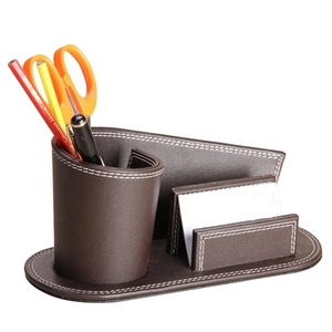 LG-B023 Personalized Design Wholesale Stationery PU Leather Pencil Holder With Business Card Stand / Torch Shaped Pen Cup