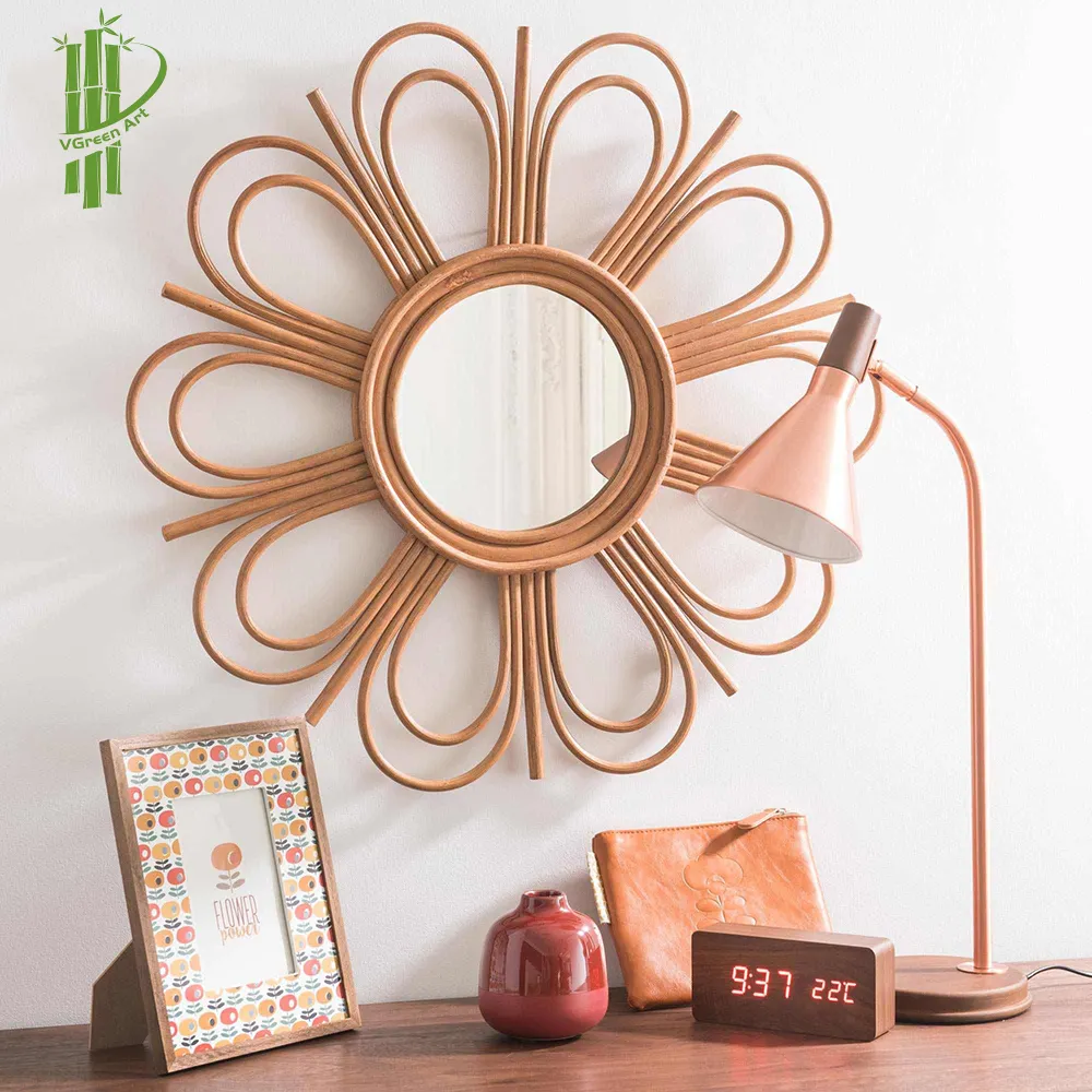 Wholesale Vanity Mirror Home Decor Flower Round Rattan Framed Mirror Decorative Wall Mirror for Home Hotel Restaurant Cafes