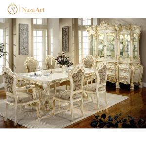 Ensemble de table à manger classique française à hauteur réglable, 6 places, chaises de salle à manger en bois antique pour meubles de maison - Aqma Furniture - Product Image 2