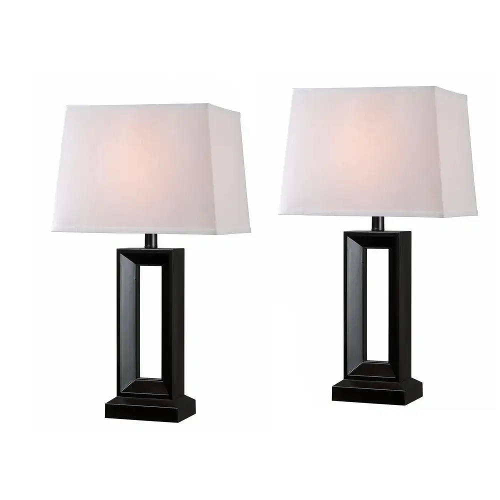 Set Of 2 Modern Simple Black Table Lamp Set With White Rectangular Shade Home Luminous Desk Light For Bedroom Living Room