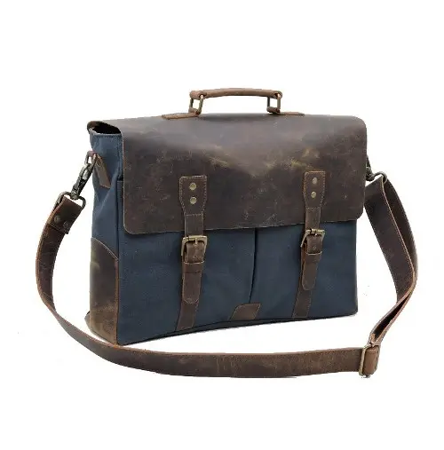 Buffalo leather retro waxed canvas casual laptop shoulder cross body business office briefcase messenger bag