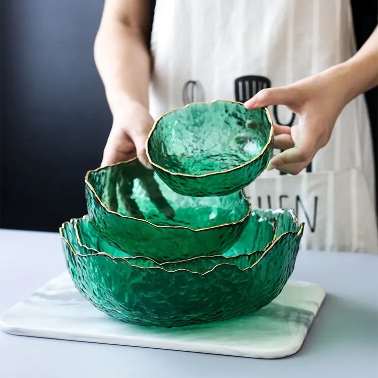 Tigela de frutas doméstica irregular, venda quente tigela de salada cor verde vidro sobremesa