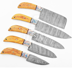 Damascus <b>Knife</b> 05 Pcs Chef <b>Knife</b> 1095 and 15N20 <b>Set</b> Material - Product Image 2