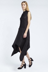 Hermosa negrita negro asimétrico vestido de lino con cuello y equipado cintura hermosa ligero vestido negro para señoras calientes - Product Image 2