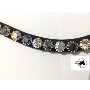 Bande de sourcils de cheval en cuir de haute qualité avec cristaux Stellux AB de 8mm noir gris clair dos ouvert ruban adhésif boucle équitation licou - Product Image 6