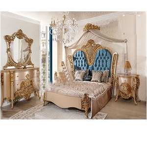 Ensemble de meubles de chambre à coucher princesse en bois de teck moderne sculpté doré style indien léger taille personnalisée remise - Product Image 1