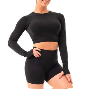 Haute qualité femmes à manches longues Fitness haut court respirant Yoga sport court longueur haut tricoté dans le Style Hip Hop - Product Image 1