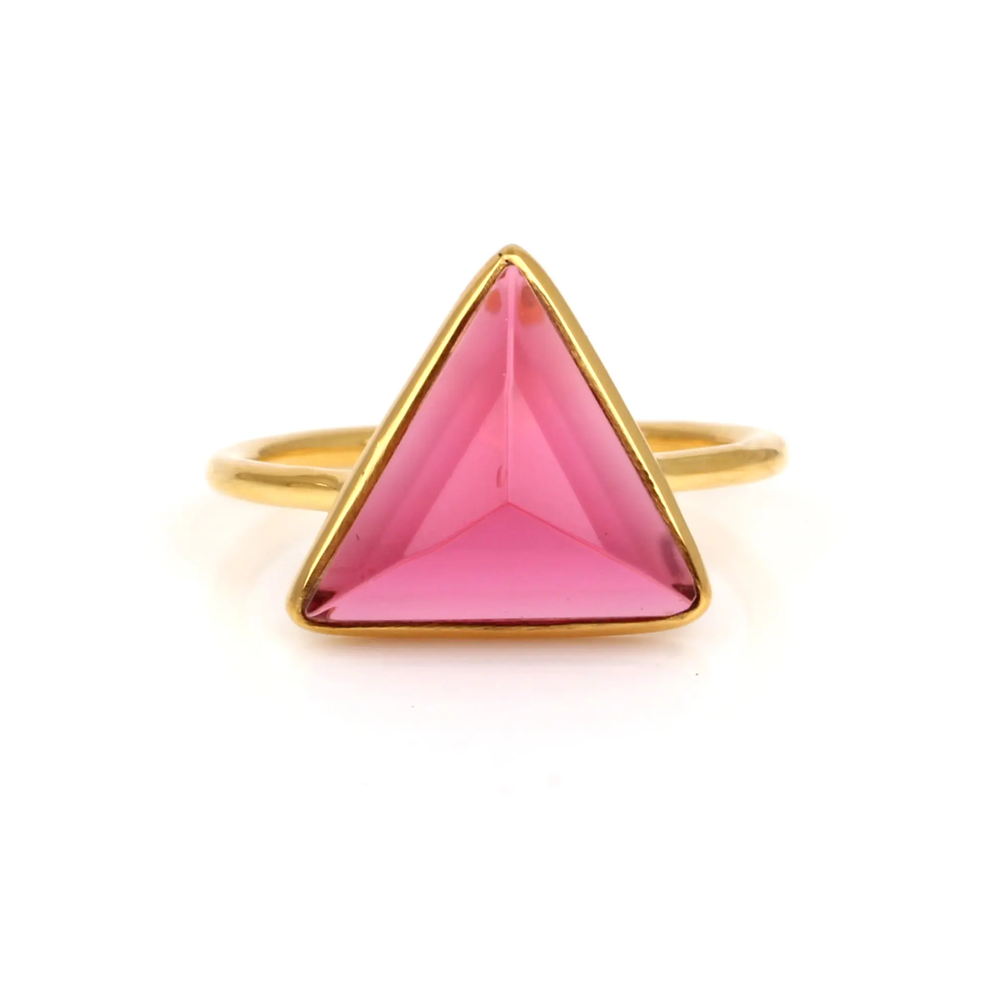 12mm Pink Tourmaline Hydro kuarsa batu permata Bezel 18k berlapis emas Sterling perak bentuk segitiga Dainty kasual cincin wanita perhiasan