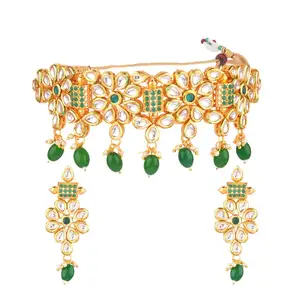 Индийский Ювелирный Комплект для женщин, позолоченный кундан, цветочный чокер, ожерелье, висячие серьги, зеленый