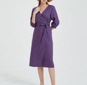 Robe en lin violette à col en V, longueur genou, avec ceinture, manches longues, style ample et habillé, couleur unie, pour l'été, les fêtes et les célébrations, pour femme - Product Image 1