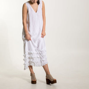 Robe longue en lin pour femme, super blanche, tendance, en tissu crêpe, col en V, sans manches, sexy. - Product Image 1