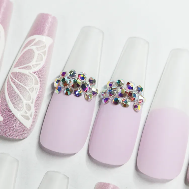 Custom Manicure Herbruikbare Nep Nagels Lange Kunstmatige Vingernagels Vlinder Met Diamant Set Nail Kit Professionele