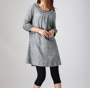 Robe d'été formelle pour femme, longueur genou, en lin gris uni, manches longues, col rond, coupe classique, tissée, respirante, brodée - Product Image 5