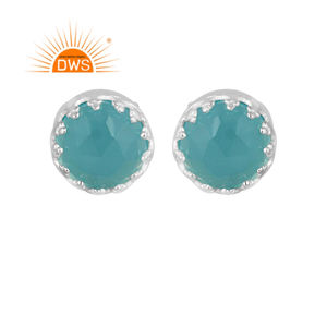 925 <b>Solid</b> Sterling <b>Silver</b> Women's Stud <b>Earrings</b> Jewelry Manufacturer Aqua Chalcedony Gemstone Round Shape <b>Earrings</b> Jewelry - Product Image 1