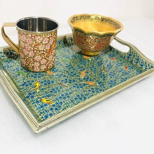 Bandejas de servicio hechas a mano, bandeja de papel maché, máquina de papel Kashmiri, bandeja de servicio antigua - Product Image 3