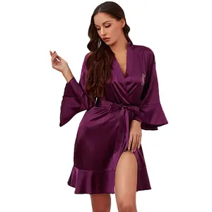 Robe de nuit en Satin pour femmes, vêtements de nuit, pour mariée et demoiselle d'honneur, motif Floral, grande taille, printemps, automne