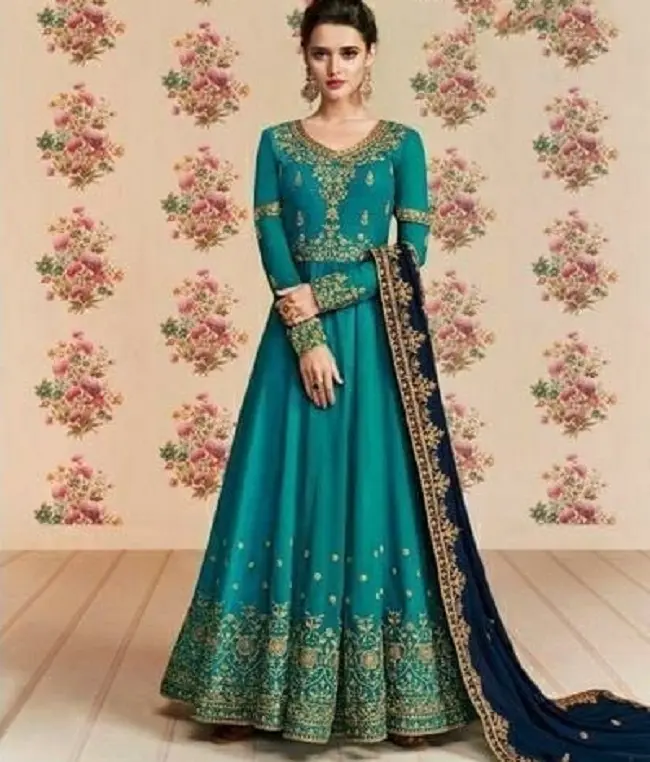 Esclusivo abito Anarkali di design in stile pakistano con ricami pesanti e abito indiano da lavoro con diamanti con Dupatta Salwar Kameez