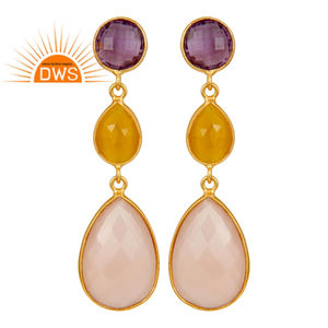 Indian Gold Plated Sterling Silver Bezel Set Drop Earrings Wholesale Amethyst Chalcedony Gemstone Earrings Jewelry - Product Image 1