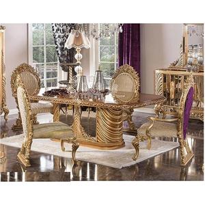 Meubles de salle à manger sculptés en bois de teck de qualité supérieure Table à manger sculptée dorée de luxe Ensemble de table à manger King en bois de teck royal - Product Image 1