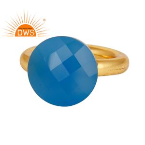 Bague à facettes en calcédoine bleue naturelle, pierre précieuse, plaqué or 18k, argent Sterling, vente en gros - Product Image 1