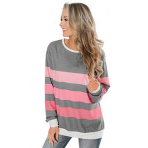 High Quality <b>Women</b> Sweatshirt Color Block Stripes Long Sleeve Crewneck O-Neck Pullover Tee Shirt <b>Tops</b> - Product Image 4