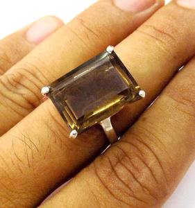 Hammered Smoky Quartz <b>Rhodium</b> Plated Bezel Setting Silver <b>Ring</b> for Wedding & Party - Product Image 1