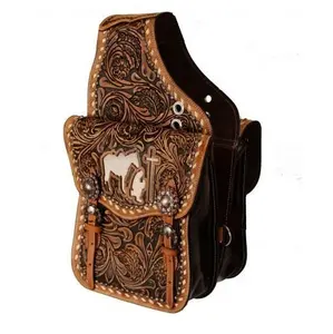 Premium Leather Custom Multifunctional Showman Floral Tooled Leather Cowboy Horse Saddle Bag Wholesale