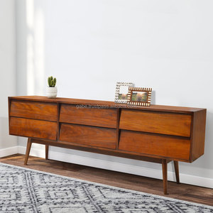 Aparador de madera de teca maciza vintage con 6 cajones, color marrón de 200 cm para muebles de comedor para el hogar - Product Image 1