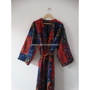 Ajrakh เสื้อคลุมอาบน้ำพิมพ์ลายหลากสี,ชุดคลุมอาบน้ำกิโมโนสไตล์ Kantha ผ้าห่มชุดนอนชุดเดรสยาวทำมือผ้าคอตตอน - Product Image 6