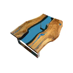 家用装饰木质环氧树脂桌水晶透明环氧原木木质顶部咖啡桌，带金属框架
