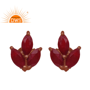 Leaf Shape Rose Gold Plated Stud Earrings 925 Silver Jewelry Supplier Ruby Corundum Gemstone Earrings - Product Image 1