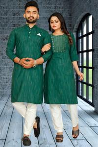 Fancy Ready Made Couple Set Viscose Nylone Slub Kurti with Mirror Hand Work Fancy Dori and <b>Mens</b> Fancy Cotton Slub Stylish <b>Kurta</b> - Product Image 3