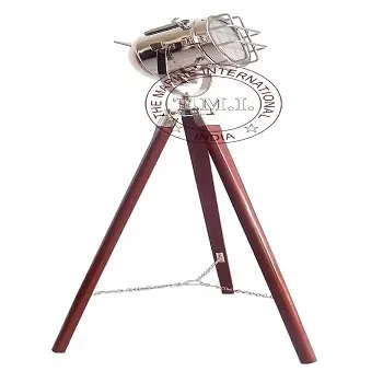 Lampu Lantai Antik Krom dengan Dudukan Model Autentik Lampu Sorot Bahari dengan Dudukan Tripod Kayu