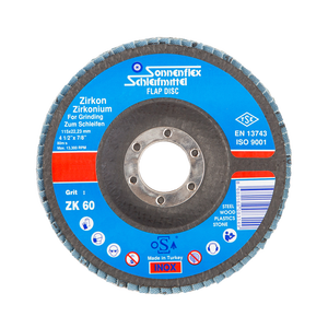 EN 12143 CIRCONIO ESTÁNDAR EUROPEO 125X22mm DISCO DE SOLAPA #60 GRIT 5 ''PULGADAS para ACERO INOXIDABLE y ZIRCONIA METÁLICA CON OSA - Product Image 1