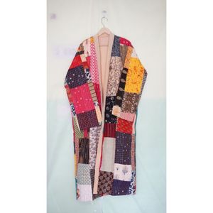เสื้อคลุมกิโมโนผ้าฝ้ายลายดอกไม้แบบควิลท์ทำมือสไตล์อินเดีย  งานปะผ้าคันธา  สไตล์ญี่ปุ่น  เสื้อโค้ทยาวสำหรับผู้หญิงใส่ในฤดูหนาว - Product Image 2