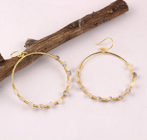Beautiful Collection Natural Herkimer Diamond Wire Wrapped Hanging <b>Drop</b> <b>Earring</b> Brass <b>Gold</b> Plated Big Round Circle Hoop <b>Earrings</b> - Product Image 3
