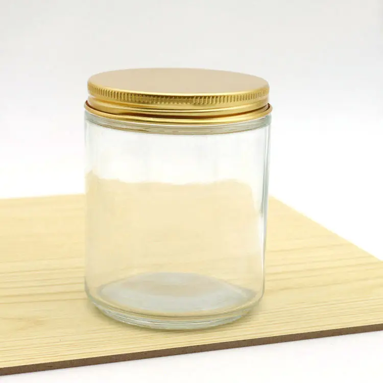 8oz (250ml) Flint (Clear) Straight-Sided Round Cream Glass Jar w/ 70-400 gold metal lid