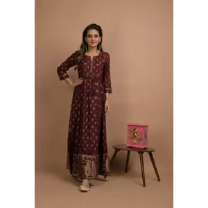 Женский темно-бордовый этнический костюм Anarkali Kurti-Anarkali, дизайнерское платье с вышивкой, свадебное платье