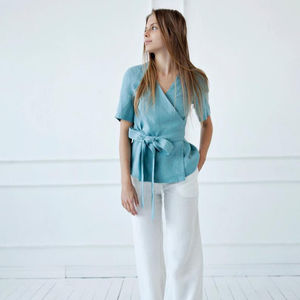 Nouvelle arrivée, tendance, dernier design, 100% coton, haut à manches courtes en crêpe bleu clair, col en V, robe en lin pour femme - Product Image 1