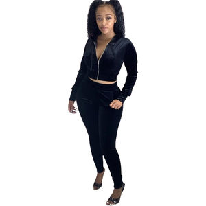 Survêtement en velours pour femmes, Logo personnalisé, élégant, 2 pièces, sweat à capuche, fermeture éclair, Jogging, nouvelle collection 2020 - Product Image 4