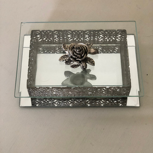Vintage Glass Jewelry <b>Box</b> With Silver Filigree and <b>Mirrored</b> Bottom and Rose Handle - Product Image 1