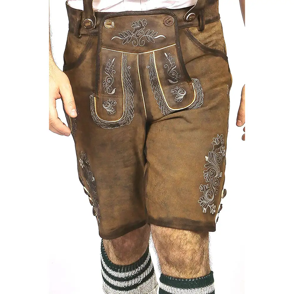 MHF Hochwertige benutzer definierte bayerische kurze Lederhosen Männer aus traditionellem Wildleder Authentisches deutsches Outfit in Braun.