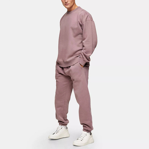 Men's Pink Cotton <b>Tracksuit</b> Crew Neck Full Sleeve Solid Color Sweatshirt and Joggers with Logo Print Casual Autumn Wear - Product Image 2