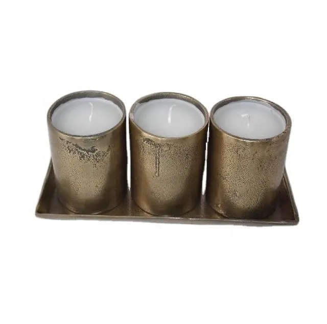 Rough Brass finished Candle Holder Three Votives on Tray in Aluminium with Wax Christmas Decor Metal Crafts